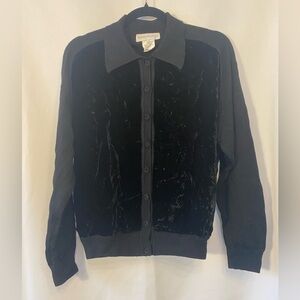 Women's Dark Academia Black Wool Velvet Button Front Collared Cardigan LG